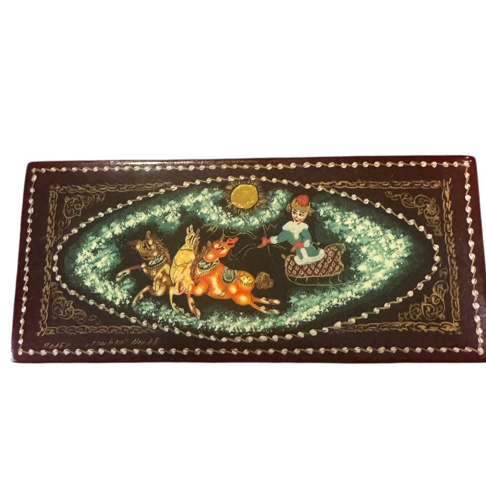 Palekh Russian Hand-Painted Lacquer Box Signed Sleigh Horses
